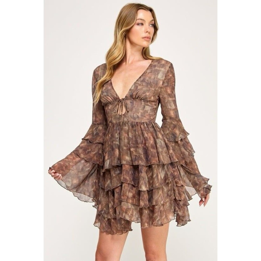 Autumn Chiffon Ruffle Mini Dress M Western Boho Cowgirl Romantic Bell Sleeve NWT